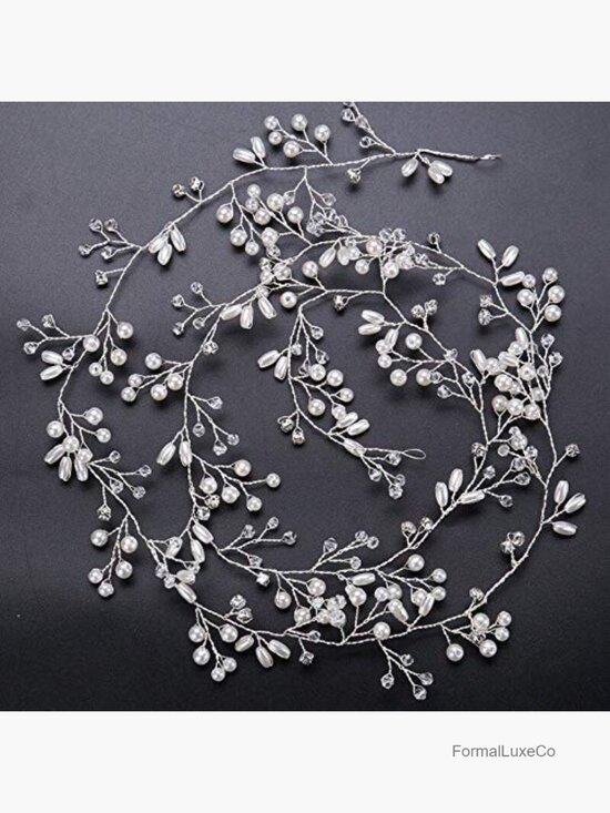 Extra Long Pearl Crystal Hair Vine Wedding Headpiece Headband main image 4
